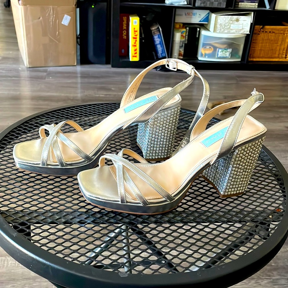 Betsey Johnson Crystal Chunky Strappy Silver Heels
